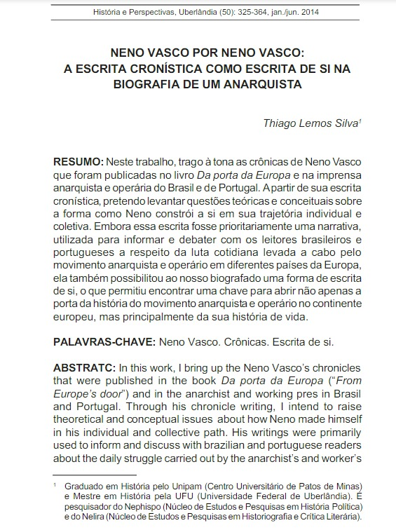 Neno Vasco por Neno Vasco: A escrita cronística como escrita de si na Biografia de um Anarquista